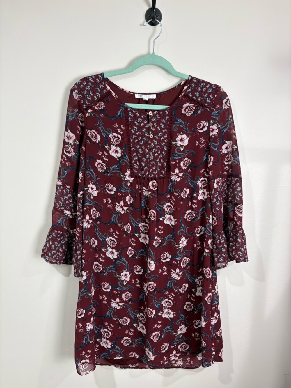 DR2 Burgundy Floral Midi Dress with Ruffle Sleeves